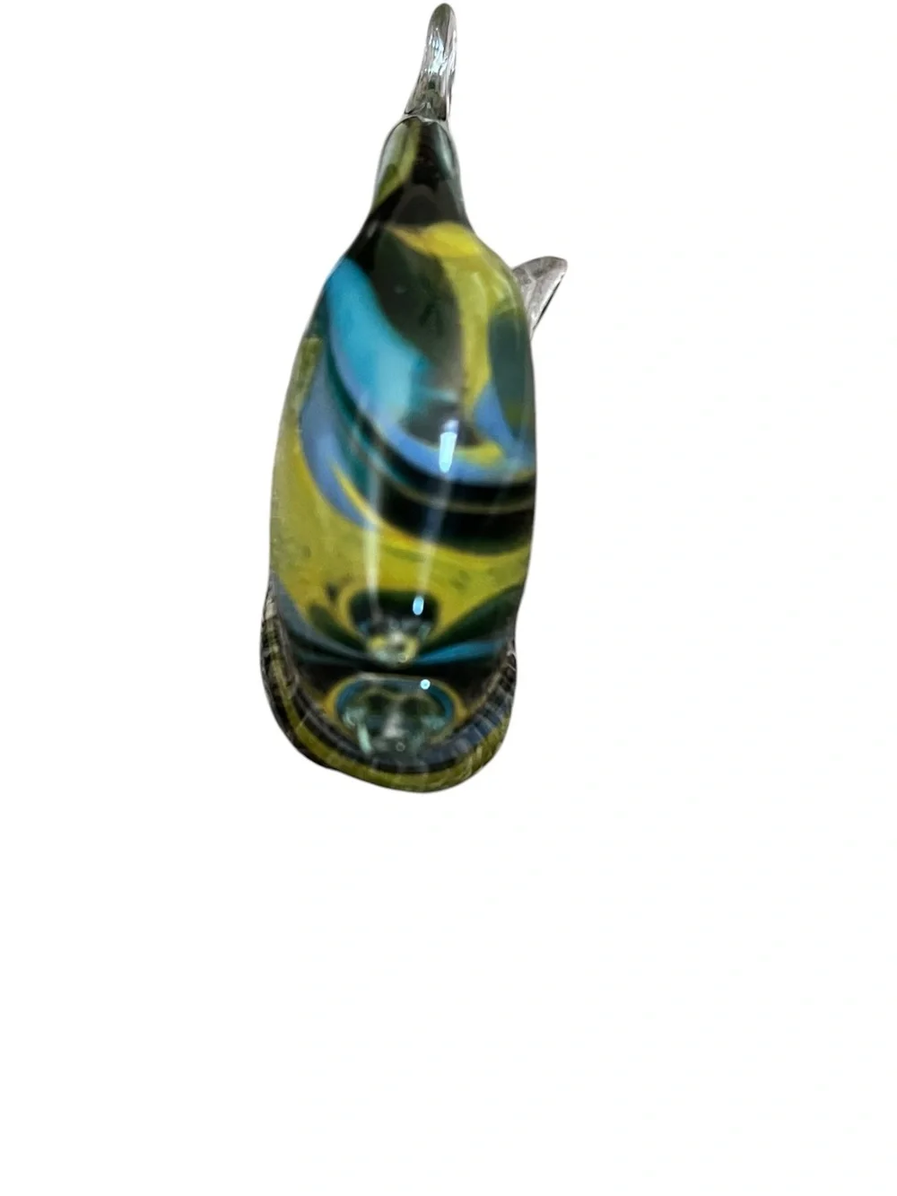 Schroders Hand Blown Art Glass Multicolor Blue Fish Paperweight Decor 6” Signed